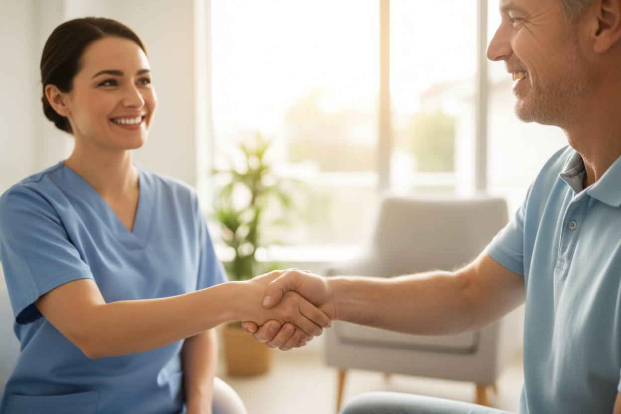 satisfied handshake between nurse and patient
