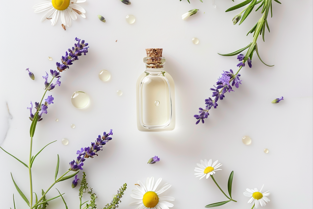 Small glass bottle with a cork lid surrounded by lavender flowers and daisies on a light background